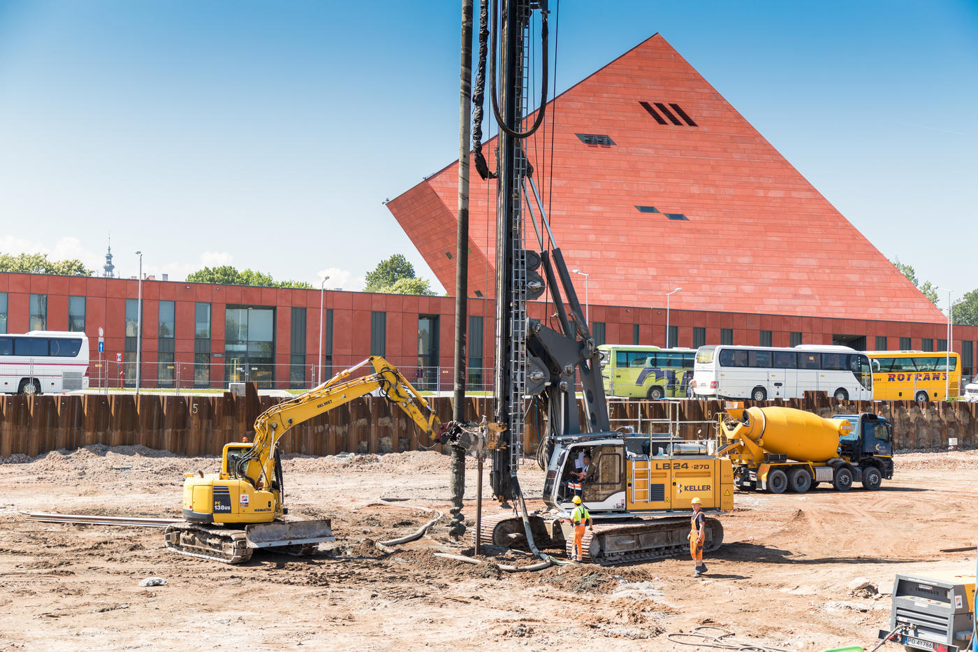 construction site, buses, excavators 